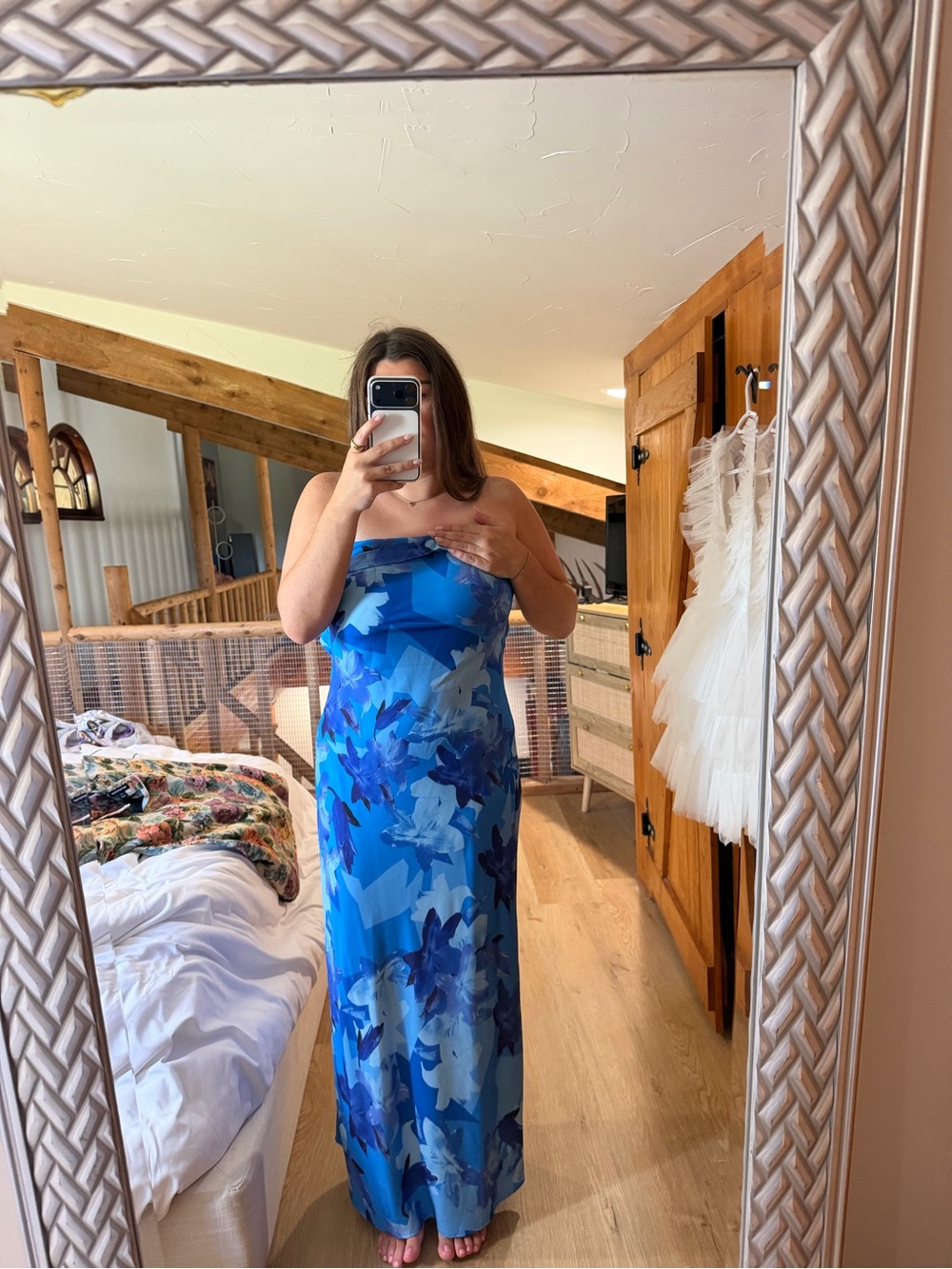Strapless Blue Floral Maxi Dress